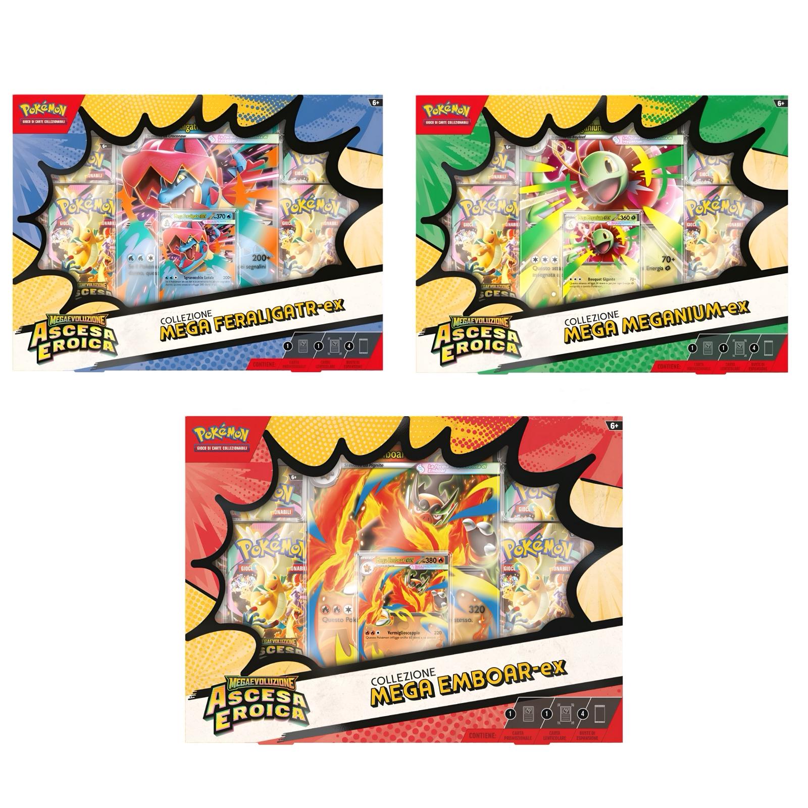 ""PRE-ORDER"" Pokémon Collezione Mega Emboar-EX, Mega Feraligatr-EX e Mega Meganium-EX dell'Espansione Megaevoluzione - Ascesa Eroica BUNDLE